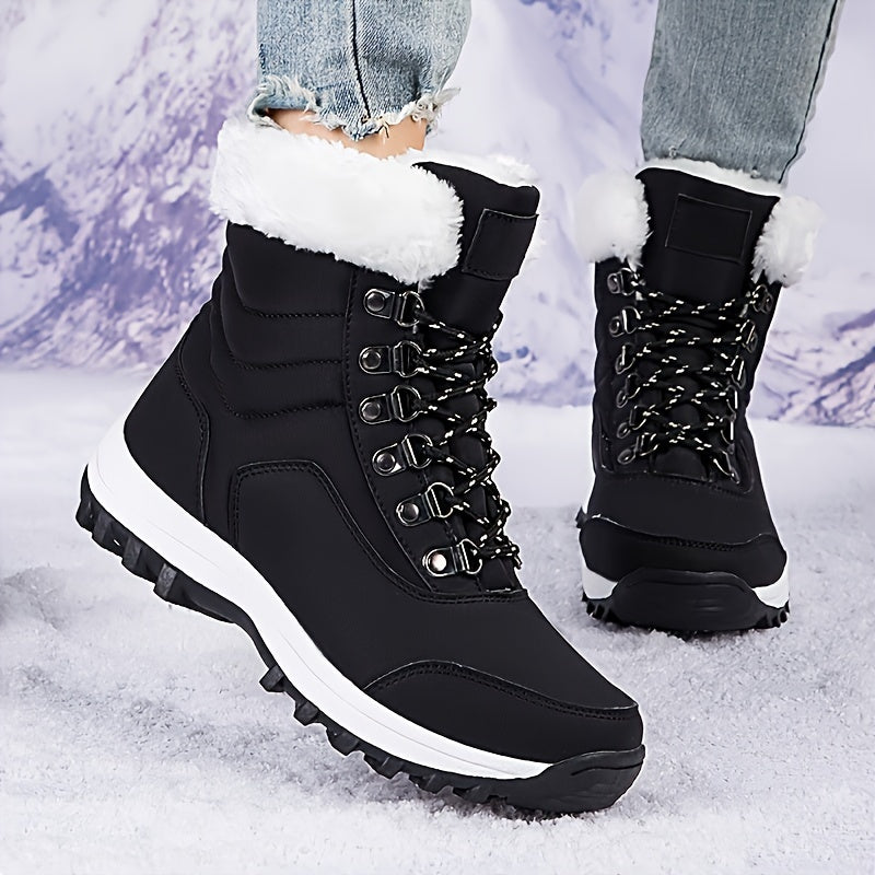 Women's Winter Boots with Fau - High-Top Snow Boots with Buckle Strap & Spiked Traction, Round Toe Synthetic /Nylon-like, Plush & Rubber Sole for Ice Walking, Snowshoe Boots (Black), Winter Boots For Women, Snow Boots Women,