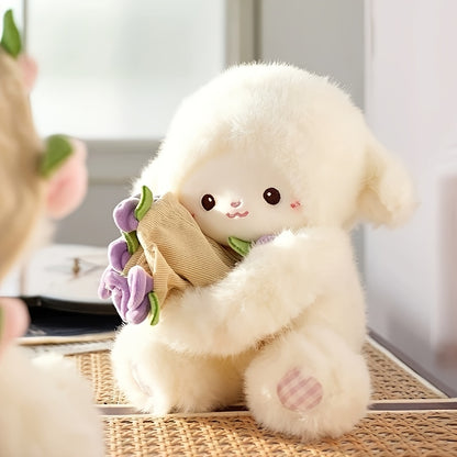Adorable Plush Doll of a Cartoon Sheep Holding a Flower, Featuring a Fluffy Simulation Lamb Design. This Cute Kawaii Animal Plush Toy Makes a Perfect Birthday Gift