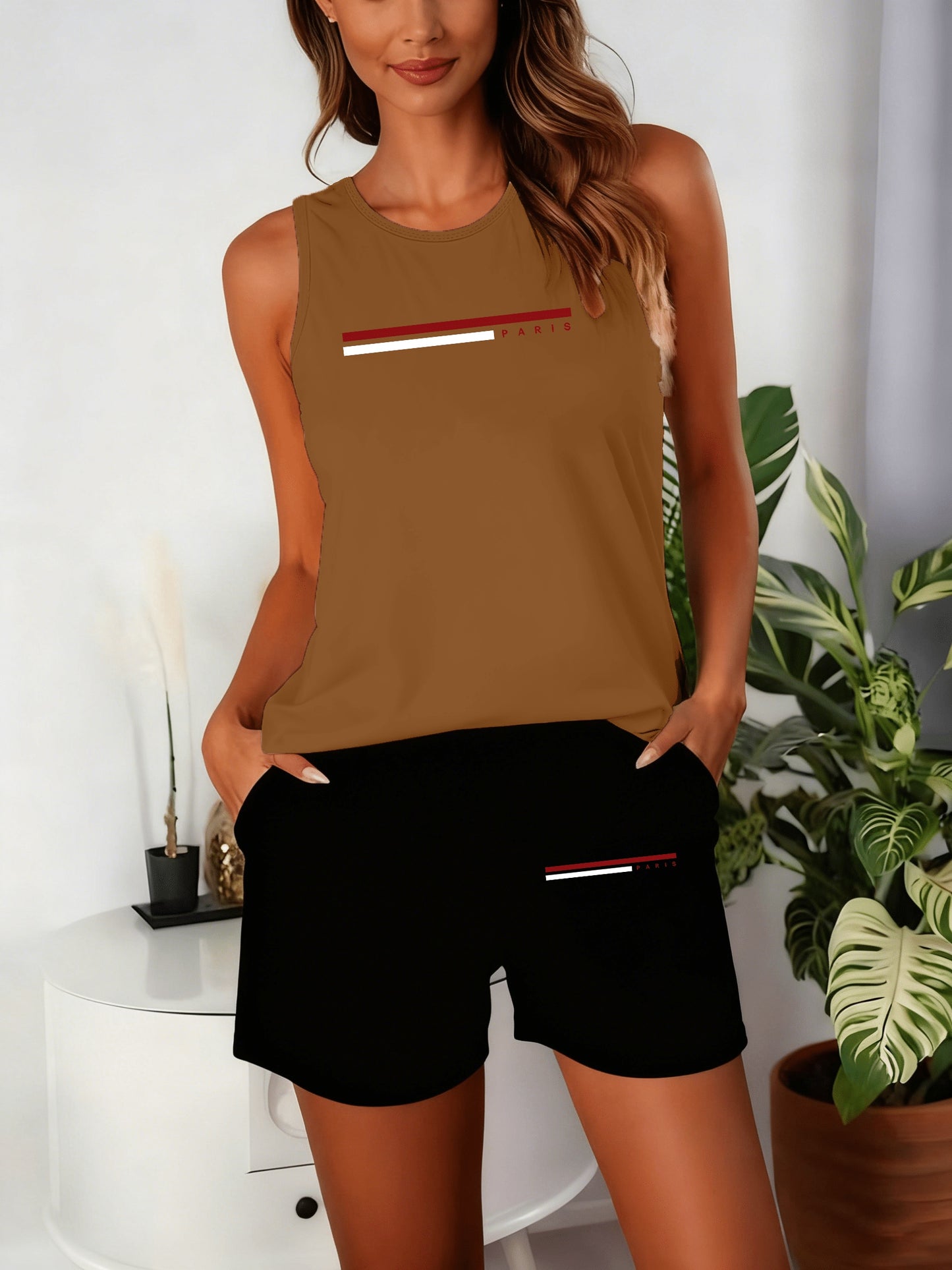 Women’s Geometric Round Neck Tank Top and Shorts Set