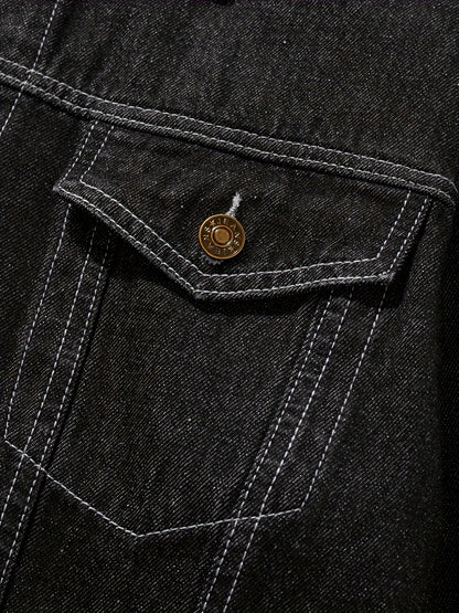 Men's Chic Washed Denim Jacket, Casual Street Style Button Up Contrast Stitching Jacket For Fall Winter
