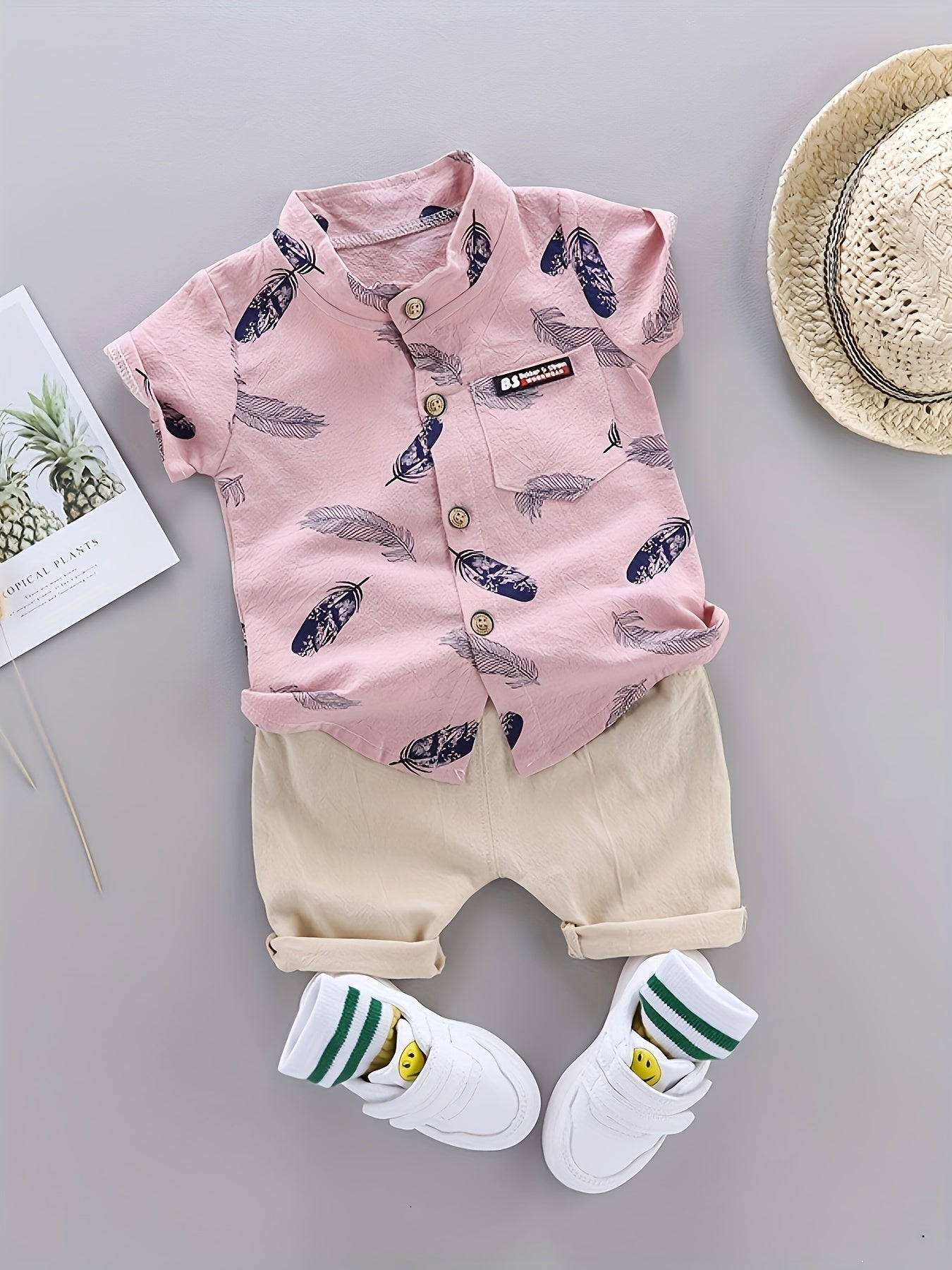 Toddler Summer Cotton Feather Print Shirt & Shorts Set