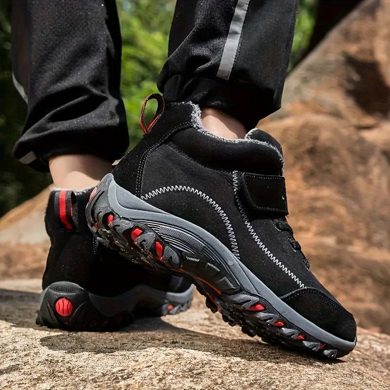 Durable Anti-Slip Men's Winter Snow Boots - Fleece-Lined Hiking Ankle Boots with Hook-and-loop Fastener Closure and Rubber Sole for Outdoor Adventures, Black