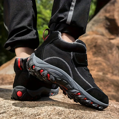 Durable Anti-Slip Men's Winter Snow Boots - Fleece-Lined Hiking Ankle Boots with Hook-and-loop Fastener Closure and Rubber Sole for Outdoor Adventures, Black