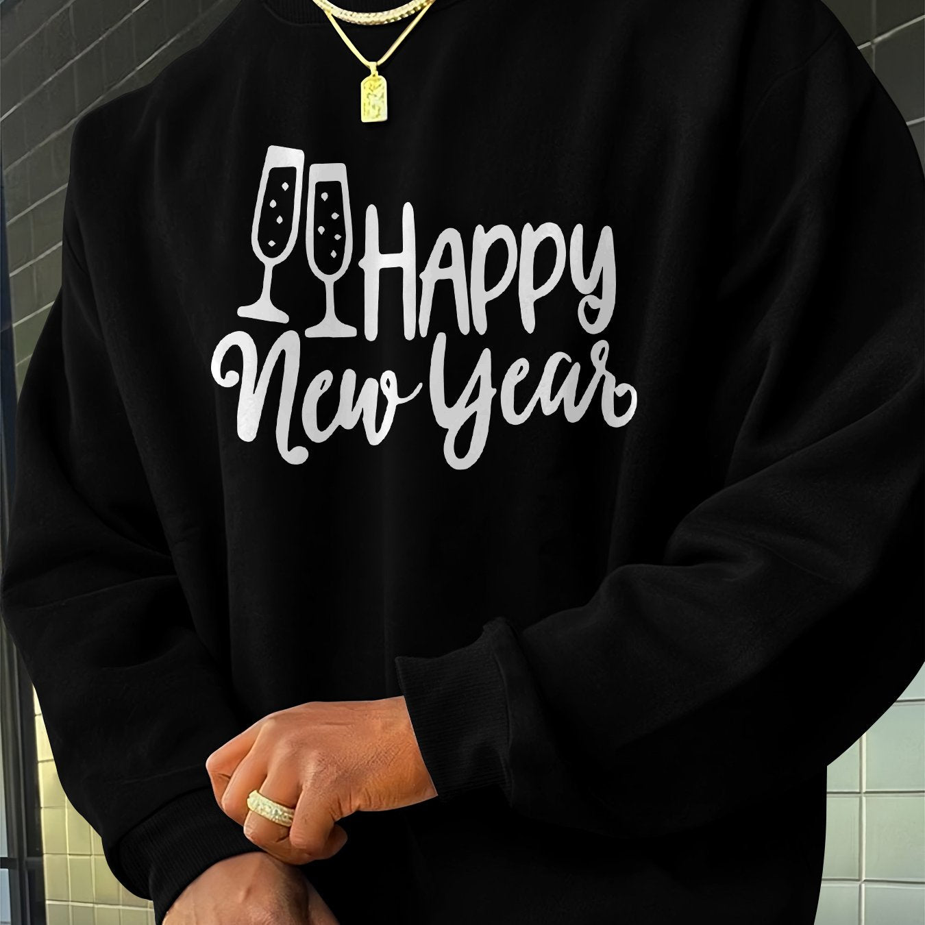 Men's Happy New Year Print Sweater - Champagne Glass & Confetti Design, Round Neck Casual Pullover, Machine Washable Winter Warmth, Comfortable Knit Sweater for Parties & Casual Attire (New Year's Eve Outfits) - Stylish Men's