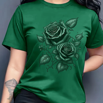 Women's Light Blue Yellow Rose Print T-Shirt - Short Sleeve Crew Neck Casual Top with Medium Stretch, Machine Washable & Breathable Fabric for All-Season Comfort, Relaxed Style, Graphic Tee, Stretchy Material, Printed Shirt,
