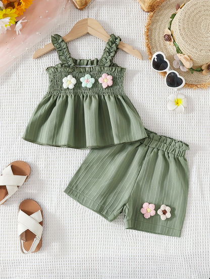 Girls' Summer Cute Floral Shorts and Sleeveless Top Set