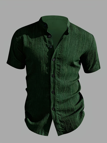 Men's Casual Solid Color Short-Sleeve Shirt with Stand Collar