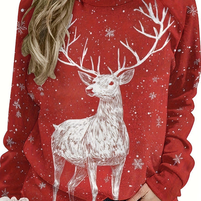 Women'S Christmas Sweater - Red & White Deer Graphic Pullover Sweater, Loose Fit Long Sleeve Holiday Sweater for Christmas Party, Family Gathering, Christmas Clothes, Christma Jumper Women Plu Size, Christma Plu Size Women, C