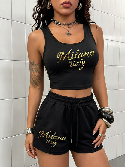 Women's Casual Vest and Shorts Set with Milano Italy Print