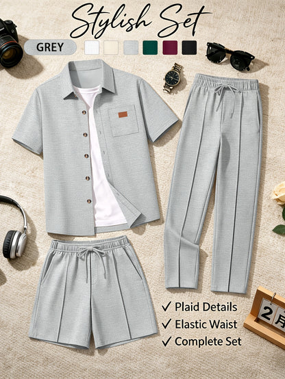 Men's Casual 3-Piece Set: Waffle Knit Shirt, Shorts & Pants