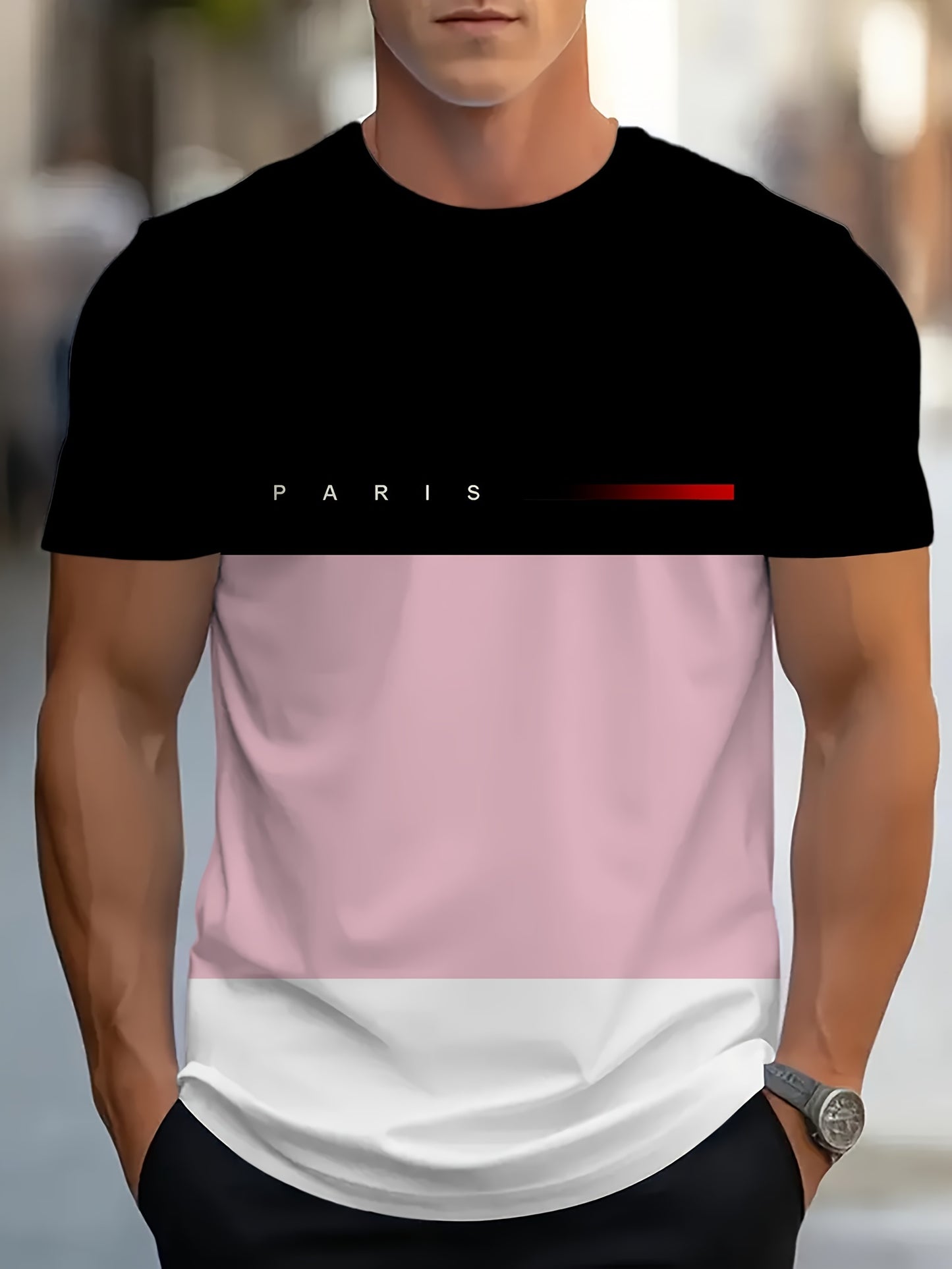 Men's Casual Crew Neck T-Shirt with Paris Print, Short Sleeve Knit Polyester Blend Top for Spring/Summer Outdoor Activities, Tee Shirts