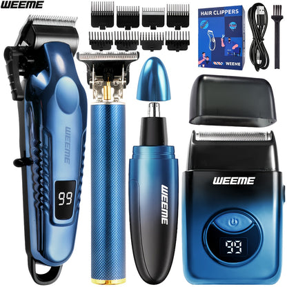 WEEME 4pcs Men's Electric Hair Clipper Set, Beard Trimmer Set, Household Facial Cleansing Set. Hair Cutting, Shaving, Trimming of Nasal Hair, Trimming of Sideburns, Facial Hair Cleaning. USB Charging. for Household Use, Vehic
