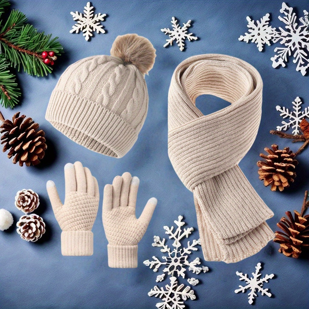 3pcs Set - Adult Warm Set Winter Hat Scarf Gloves, a Three-In-One Comfortable Set Integrating Hat And Scarf, Cold And Frost Protection, Suitable for Daily Commute, Shopping And Outdoor Activities