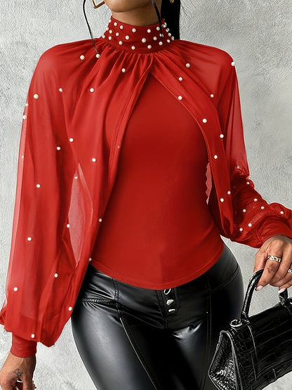 Women'S Elegant Off-Shoulder/One-Shoulder Tunic Top - Red/ - Long Sleeve Blouse with Pearl-like Beads - Formal & Everyday Chic Outfits - Spring/Fall, Fashion Lovers, Stylish Blouse, Quality Stitching, Sophisticated Design, Se