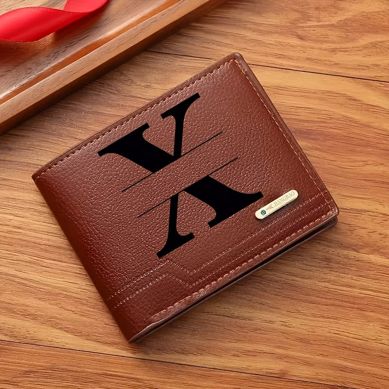 1pc Men's Business Style Faux Leather Wallet, Customizable Text and Initials, Solid Color Faux Leather with Contrast Accents, Compact Short Bifold Design for Easy Carrying - Perfect Birthday Gift for Boyfriend and Father, Per