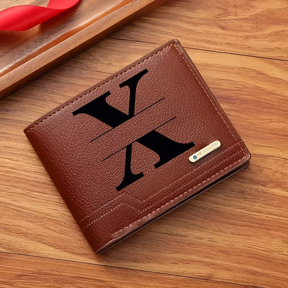 1pc Men's Business Style Faux Leather Wallet, Customizable Text and Initials, Solid Color Faux Leather with Contrast Accents, Compact Short Bifold Design for Easy Carrying - Perfect Birthday Gift for Boyfriend and Father, Per