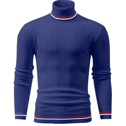 Temujin OBM Men's College Style Fashion New Color Block Striped High Neck Knit Long Sleeve Pullover Sweater