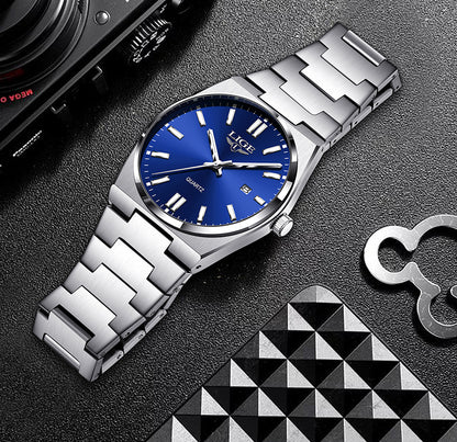 LIGE Stainless Steel Sports Watch for Men and Women - Dual Display Digital & Quartz Movement, Blue Dial, Rotating Bezel, Date Display, Metal Bracelet, Gift Box Included, Watch Accessories, LIGE