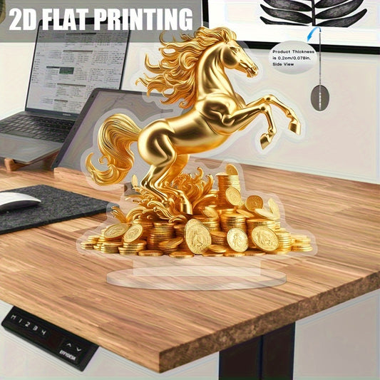 2D Flat, 1 Golden Lucky Horse Acrylic Desk Ornament with Coin Base- 2D Flat Print Wealth Decor, Suitable for Home Office Bedroom Living Room, Battery-Free Birthday and Housewarming Gift, Home Decoration& Accessories, 2D Flat
