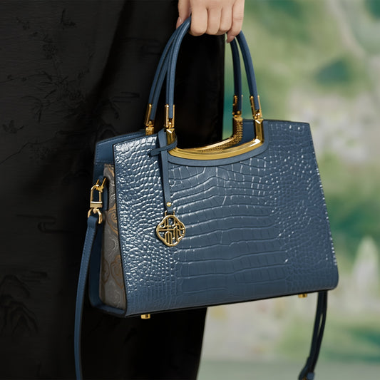 Black Crocodile Pattern Leather Handbag for Women, Large Capacity