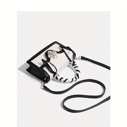 Chic Retro Square Crossbody Bag for Women - White Synthetic with Black Accents, Adjustable Strap & Metal Buckle Closure, Elegant Handbag for Commuting, Casual Outings & Everyday Use, Small Crossbody Bag