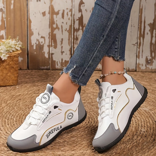 JUKEFULA White կանացի բացօթյա Colorblock սպորտային կոշիկներ - էլեգանտ սպիտակ և մոխրագույն սովորական սպորտային կոշիկներ՝ փափուկ տակացուով և ժանյակավոր դիզայնով, հարմար է բոլոր եղանակներին, մարզասրահին և ճանապարհորդություններին: