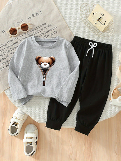 Տղաների բամբակյա գարնանային տաբատների հավաքածու՝ արջուկի տպագրությամբ և կայծակաճարմաղով