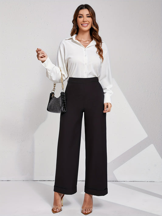 1pc Elegant Wide Leg Pants for Women - Casual Polyester Trousers with Zipper Fly, Solid Color, Long Length, Regular Fit, Woven Weave - Versatile All-Season Style