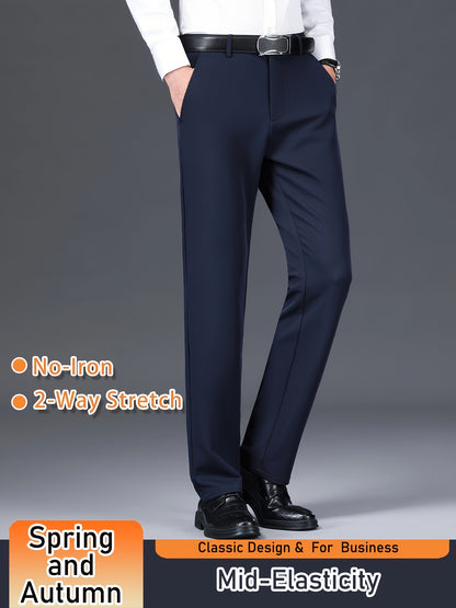 Men's Solid Color Dress Pants, Classic Design Slightly Stretch Formal Dress Pants For Business Occasions, Spring And Fall