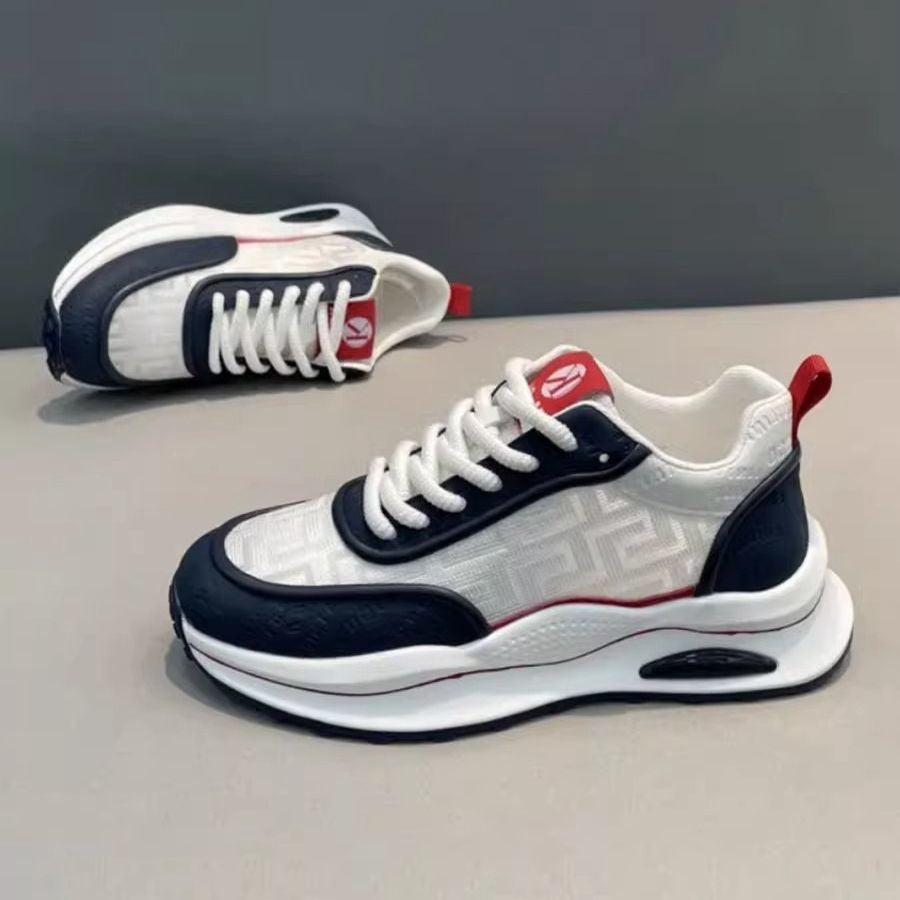 Men's Lightweight Breathable Low-Top Sneakers - PU Upper  PVC Sole, White/Navy/Red Accents, Lace-Up Round Toe for Casual, Outdoor, Running  Gym - All-Season Comfort Shoes, Casual Footwear, Geometric Pattern, Comfortable Fit