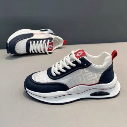 Men's Lightweight Breathable Low-Top Sneakers - PU Upper  PVC Sole, White/Navy/Red Accents, Lace-Up Round Toe for Casual, Outdoor, Running  Gym - All-Season Comfort Shoes, Casual Footwear, Geometric Pattern, Comfortable Fit