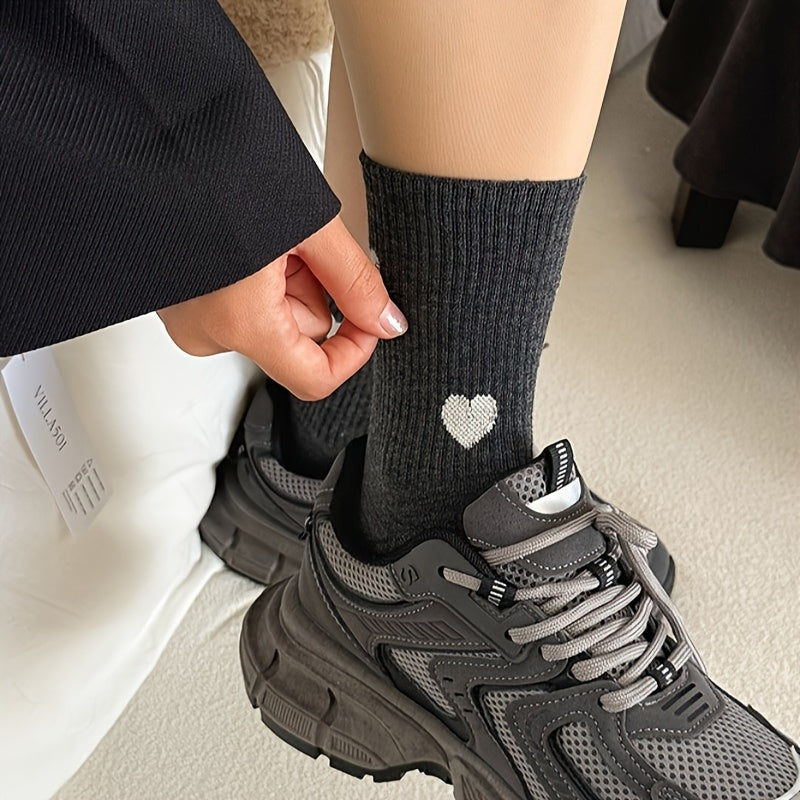 5 Pairs Cozy Women'S Knee-High Socks with Heart Pattern - Polyester and Spandex Blend, Knit Fabric, Machine Washable