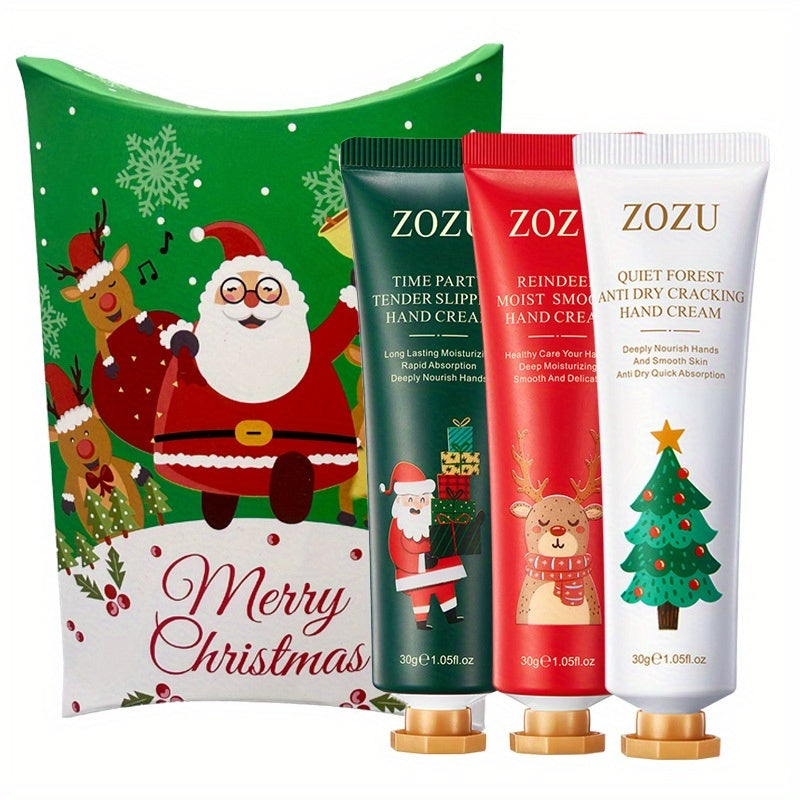 ZOZU Holiday Hand Cream Set of 3: Christmas Combination Hand Cream Gift Box, Merry Christmas Pattern (Santa Claus, Reindeer, Tree) - Moisturizing, Softening, Anti-Crack Formula, 30g Portable Pack, Suitable for Men and Women,