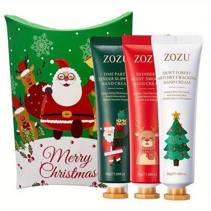 ZOZU Holiday Hand Cream Set of 3: Christmas Combination Hand Cream Gift Box, Merry Christmas Pattern (Santa Claus, Reindeer, Tree) - Moisturizing, Softening, Anti-Crack Formula, 30g Portable Pack, Suitable for Men and Women,