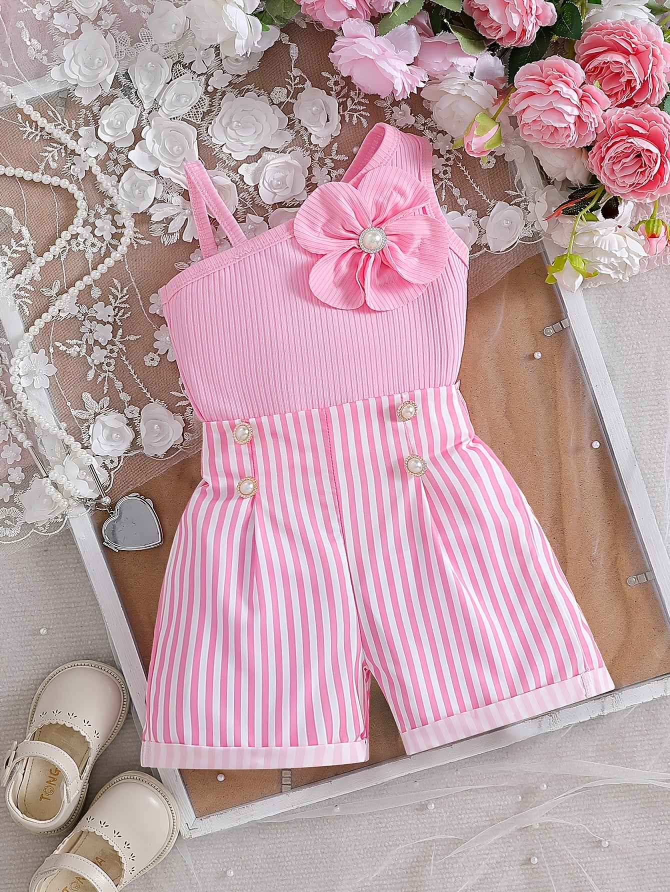Girls Summer 2-Piece Off-Shoulder Top & Striped Shorts Set