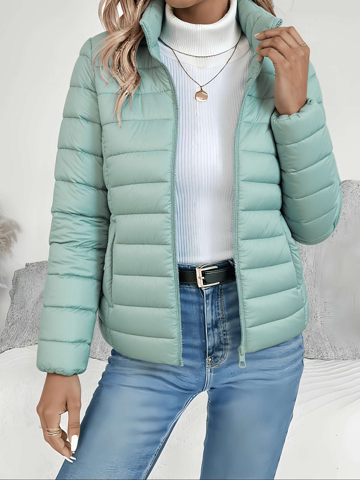 Women's Slim-Fit Quilted Polyester Jacket with High Neck