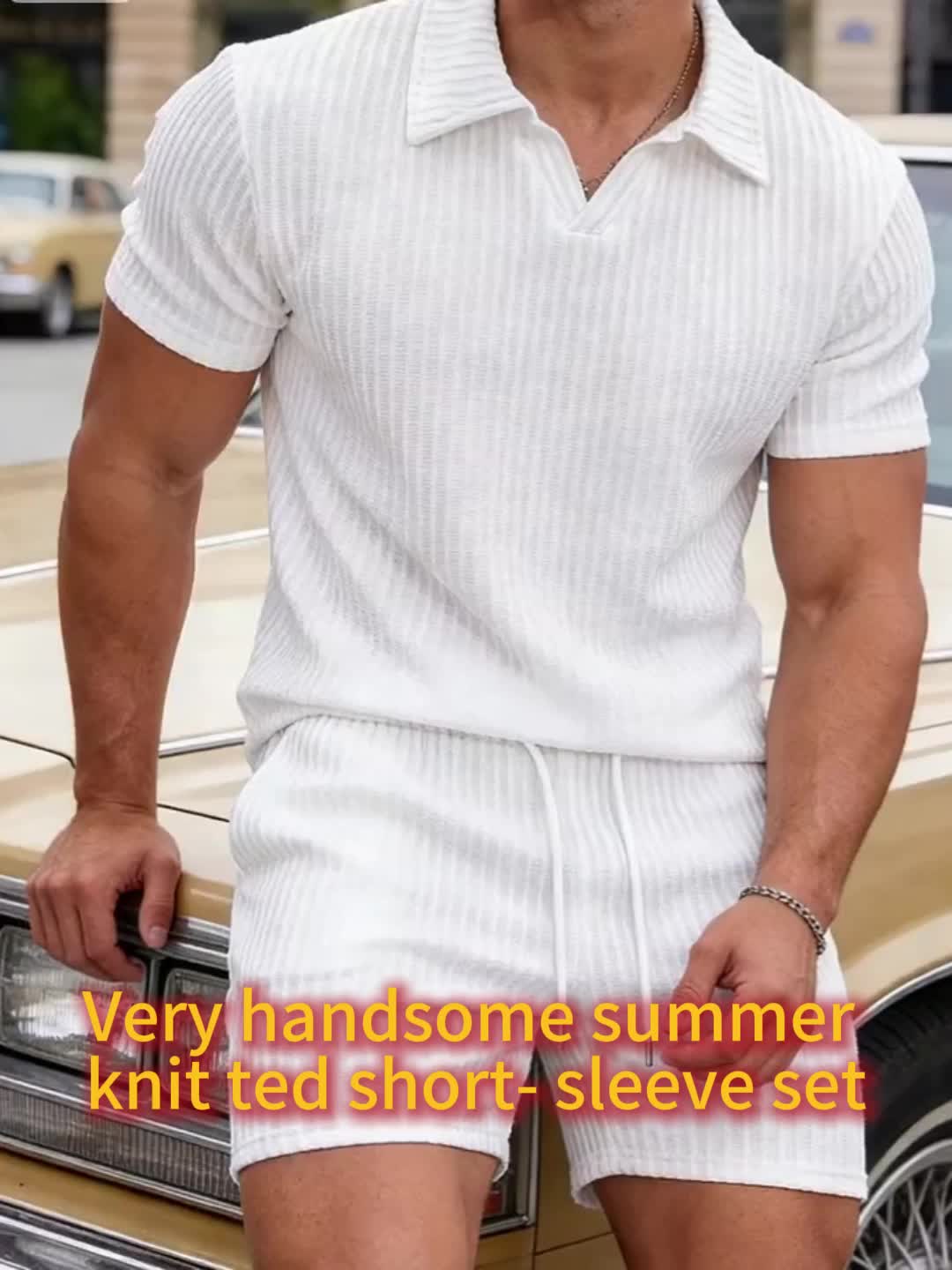 Men'S Textured Polo Collar Short Sleeve And Shorts Set | Breathable Elastic Comfort Top + Drawstring Waist Shorts, Versatile For Daily Commute, Running, And Casual Outings, Ideal For Spring/Summer/Fall - ayq