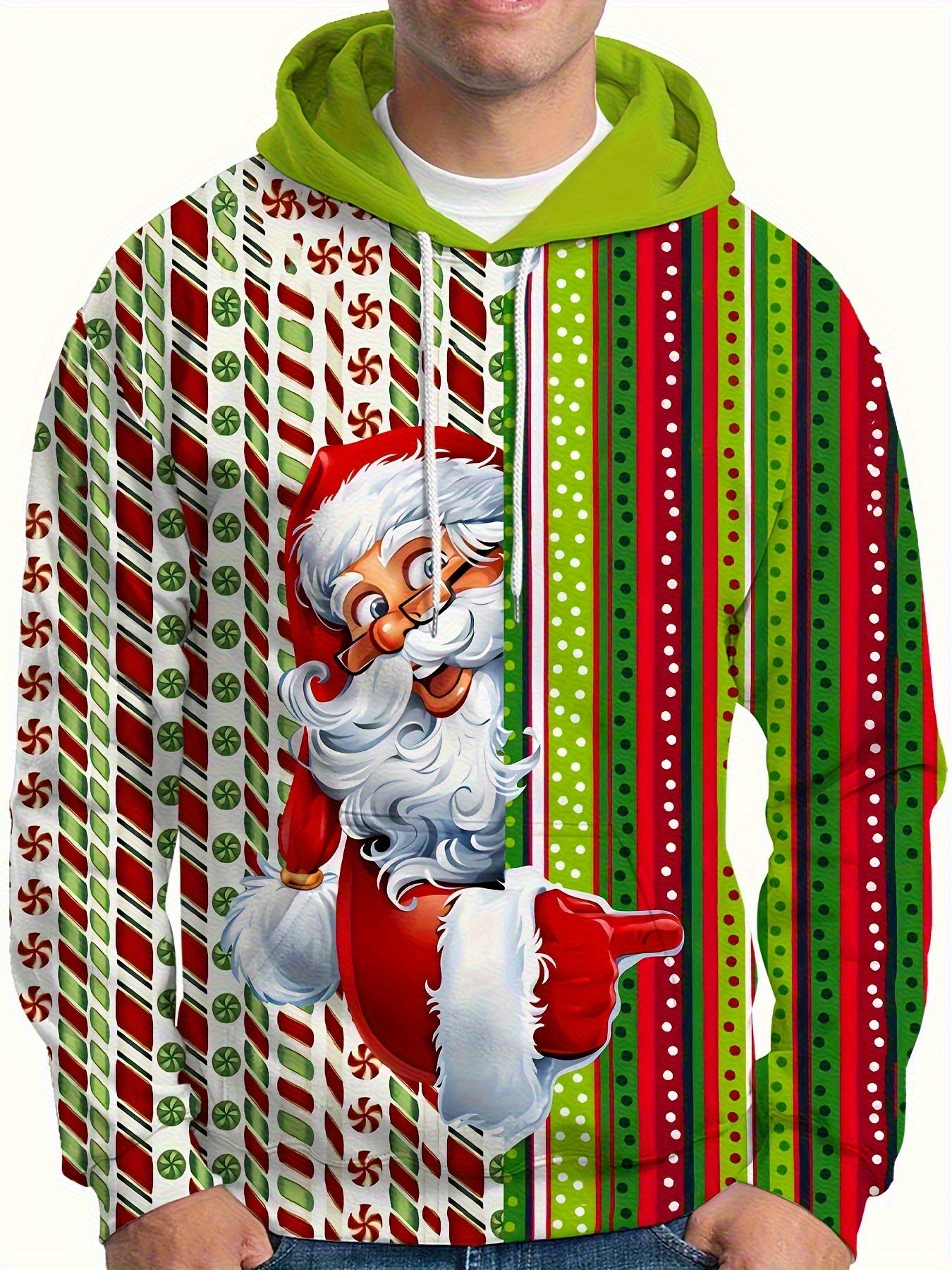 Plus Size Men's Funny Christmas Hoodie- Festive Santa Claus& Snowflake Print, Red& White Holiday Sweatshirt with Pockets, Casual Long Sleeve Pullover for Fall& Winter, Perfect Christmas Gift, Christmas Clothes, PLUS SIZE