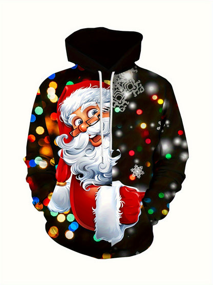 Plus Size Men's Funny Christmas Hoodie- Festive Santa Claus& Snowflake Print, Red& White Holiday Sweatshirt with Pockets, Casual Long Sleeve Pullover for Fall& Winter, Perfect Christmas Gift, Christmas Clothes, PLUS SIZE