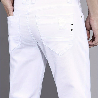 Men's Solid Washed Denim Trousers With Pockets, Causal Cotton Blend Jeans For Outdoor Activities