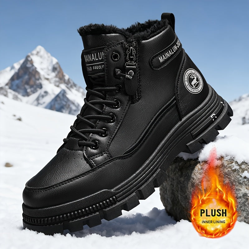 Men's Vintage Casual Fleece-Lined Snow Boots - Brown Faux Cover with Black Accents, Lace-Up Design, Thick PVC Sole for Winter & Fall, Round Toe Comfort, Everyday Winter Footwear, Winter Boots,  Style Boots, Durable Winter Foo