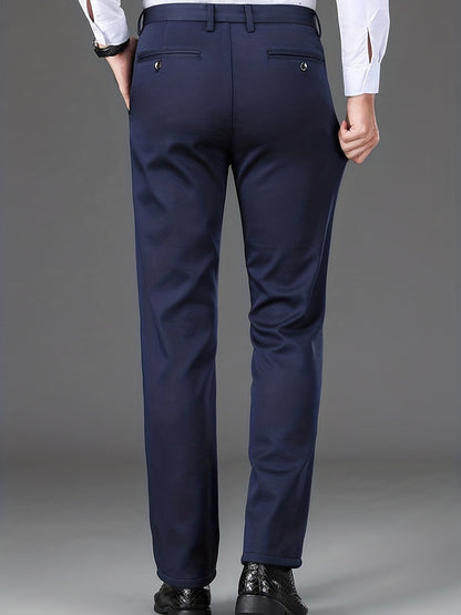 Men's Sleek Business Casual Dress Pants - Solid Black, Straight Leg, Wrinkle-Resistant Polyester Blend, All-Season Formal Trousers with Button Detail