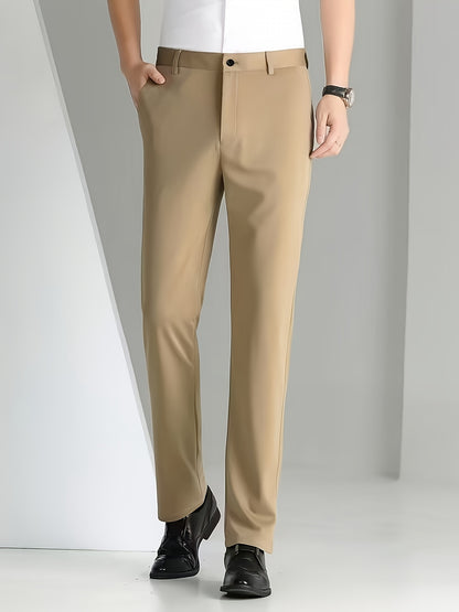 Men's Sleek Business Casual Dress Pants - Solid Black, Straight Leg, Wrinkle-Resistant Polyester Blend, All-Season Formal Trousers with Button Detail