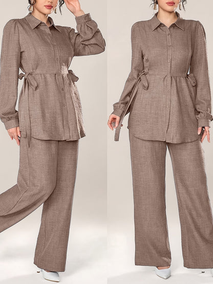 Stylish and Elegant Casual Two-Piece Women's Outfit with Side Tie Single-Breasted Shirt and Wide-Leg Pants for Office Wear
