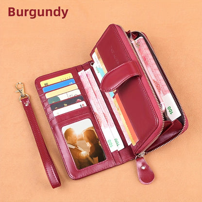 Two-Layer Cowhide Leather Clutch Wallet for Men & Women, Casual Large Capacity RFID Blocking Zippered Hand Purse with Transparent ID Slot and Anti-Theft Brush, Versatile for Going Out