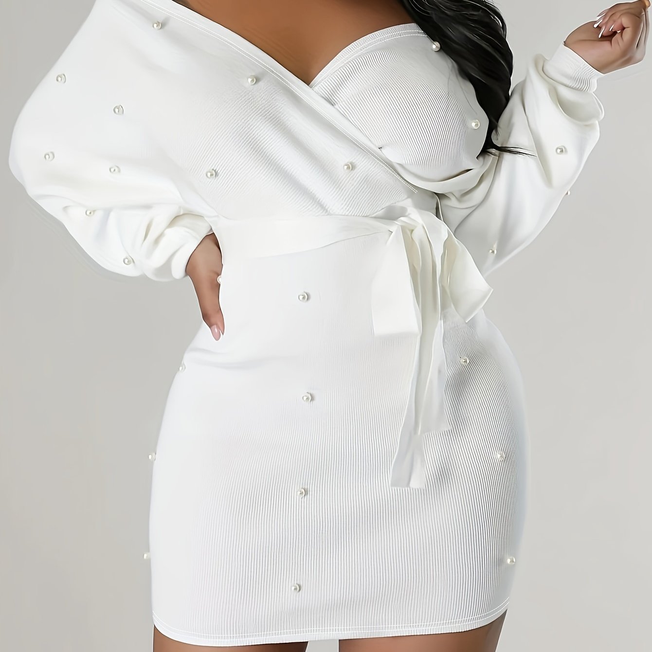 Women'S Clothing: Off-Shoulder Dress with Long Sleeves And Beaded Bodycon Style