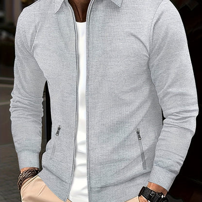 Men'S Waffle Jacket with Full-Zip Closure & Stand Collar - Full-Length Zipper Front, Long Sleeve Casual Coat, Machine Washable Outerwear for Spring/Fall, Winter - Everyday & Formal Events, Spring Fall Jacket, Outdoor Activiti