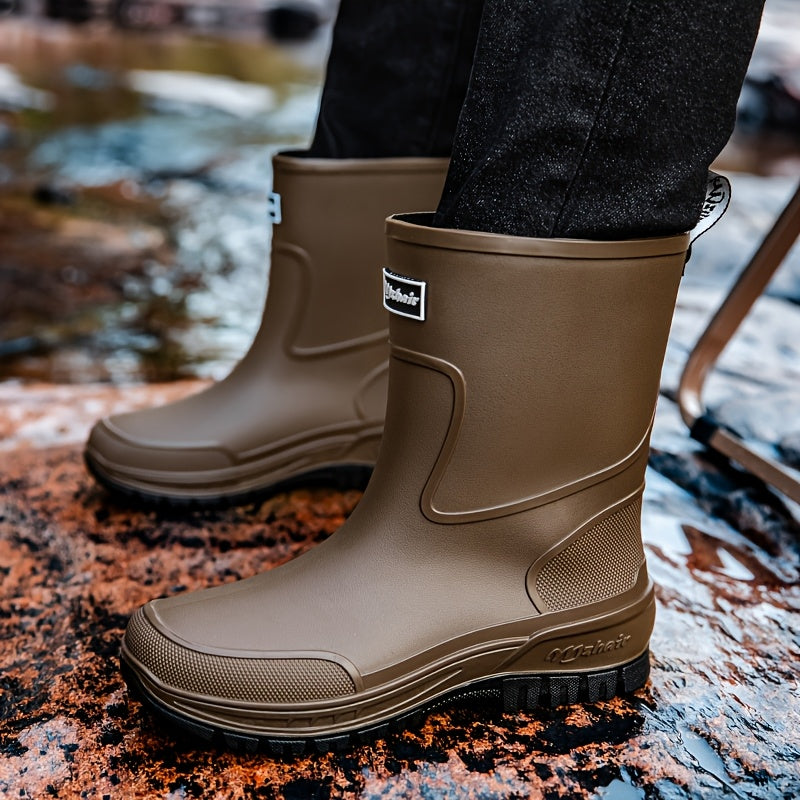 Men's Mid-Calf Rubber Rain Boots - Durable Non-Slip Outdoor Shoes