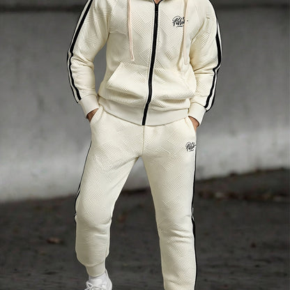 Men's Spring & Fall Jacquard Embroidered Striped Tracksuit Set - 2pcs Zip-Up Hoodie & Pants for Daily Wear, Sports & Outdoor Trips