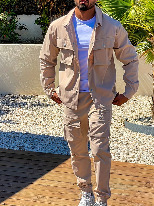 Men'S Casual Polyester Suit Set, Solid Color, Non-Stretch, Regular Fit, with Lapel Collar, Pocket Details, for Hiking, Daily Wear, and Special Occasions, Spring/Fall, Fall/Winter